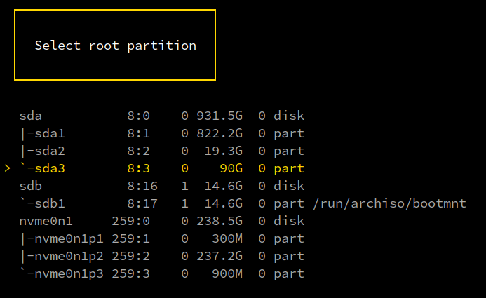 Aegis TUI Partitioning Select Root