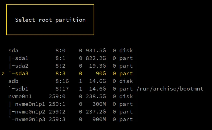 Aegis TUI Partitioning Select Root